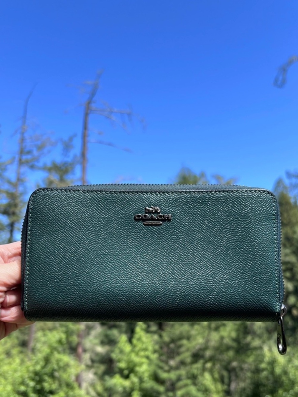 COACH Dark Green Long Zip-Around Crossgrain Leather Wallet Gunmetal Hardware